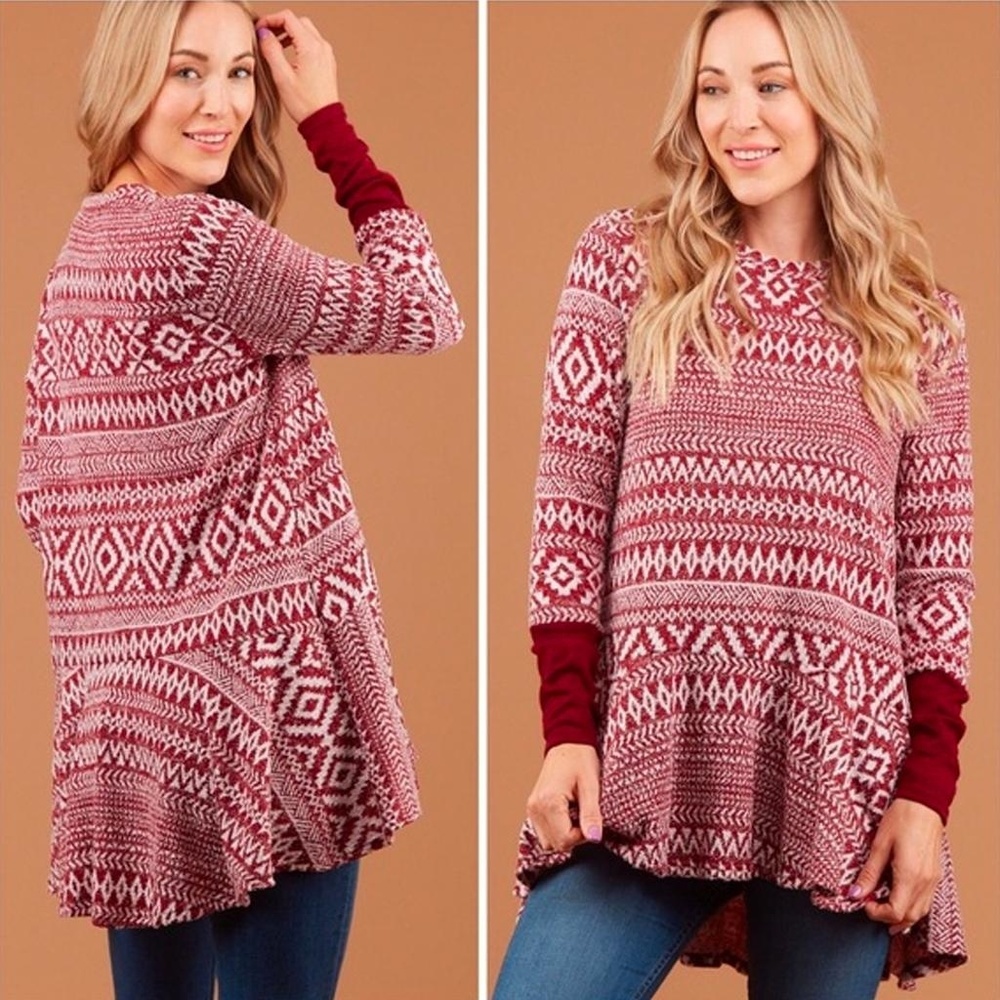 Warm Tunic Burgundy and Winter White Sweater - Picture 3 of 7